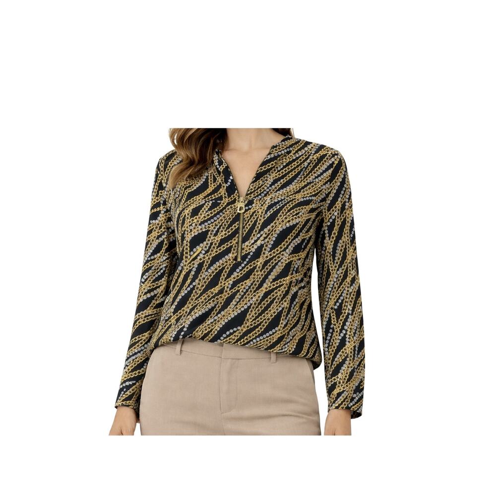 Michael Kors Top Womens Size XL Black Gold Chain Print Zip Neck Long Sleeve
